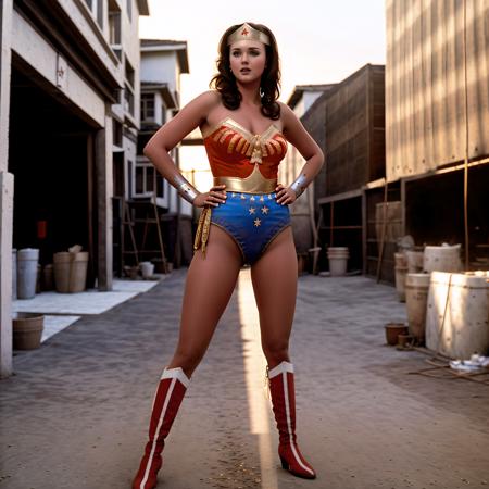 a photo of a (lynda-cart3r-ww-t2), (lynda-carter-ww-costume), medium breasts, ((30 years old)), smiling, (full body), natural skin texture, standing in a street, ((boots)), 24mm, 4k textures, soft cinematic light, adobe lightroom, photolab, hdr, intricate, elegant, highly detailed, sharp focus, ((((cinematic look)))), soothing tones, insane details, intricate details, hyperdetailed, low contrast, soft cinematic light, dim colors, exposure blend, hdr, faded<lora:lynda-carter-ww-costume:1>