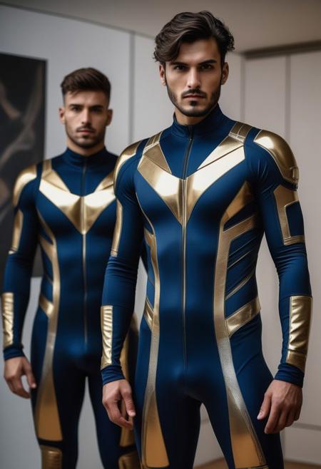 two strong 26-year-old italian hunk males, with a side fringe curtains hairstyle, detailed face, confused expressions, wearing a skin tight dark-blue spandex futuristic suits with gold and silver spandex details, standing at attention posture,  fullbody, on a modern futuristic living room, looking to the camera, detailed face, professional photography, shot on sony a 7RIII , looking to the camera,  detailed skin face and eyes, natural lighting ,  film grain, low contrast, natural face,  dark circles under eyes