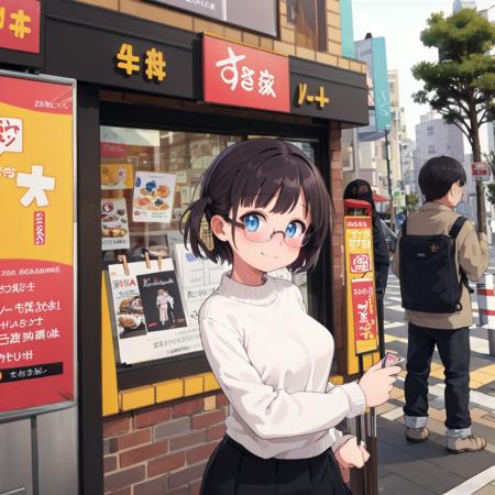 best quality, ultra-detailed, illustration,
(1girl:1.4), solo, glasses, black hair, long hair, medium breasts, white sweater, long skirt, embarrassed, blush, shy smile, looking at viewer,  solo focus,
tokainosukiya, storefront, outdoors, building, shop, sign, tree, city, window, day, street, table,road, cityscape, real world location, lamppost, 
 <lora:sukiya_SD15_V1:0.6>