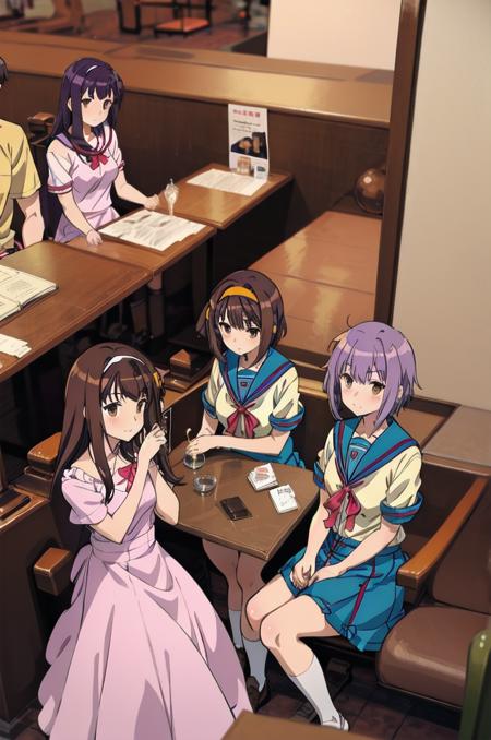 masterpiece, best quality, ultra-detailed, illustration,
coffeeyadream, SOSD, nagato yuki, multiple girls, 3girls, asahina mikuru, kyon, suzumiya haruhi, blue sailor collar, koizumi itsuki, sailor collar, multiple boys, table, purple hair, kita high school uniform, 2boys, short hair, brown hair, sitting, serafuku, school uniform, short sleeves, summer uniform, shirt, long hair, indoors, glass, chair, casual, hairband, white shirt, blue skirt, pink shirt, brown eyes, cafe
 <lora:Cafe_Dream_V2_1 _MID2_Resize_DIM32:1>