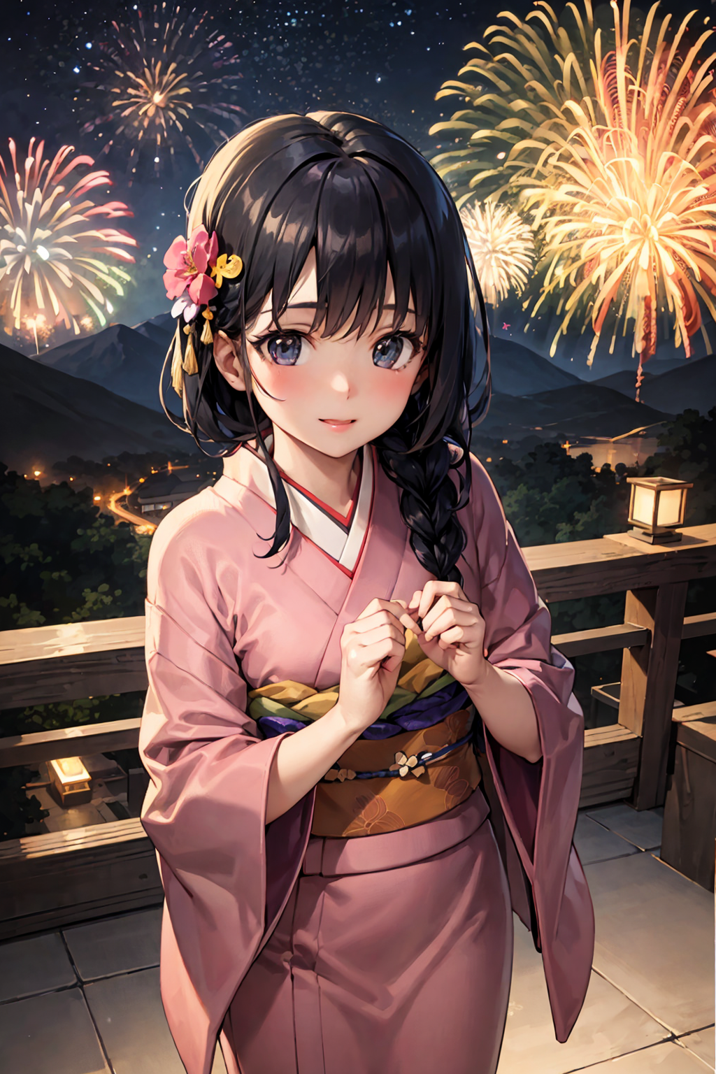 (best quality:1.2), (masterpiece:1.1), (ultra-detailed illustration:1.2), from above,1girl, solo, standing, print kimono, ...