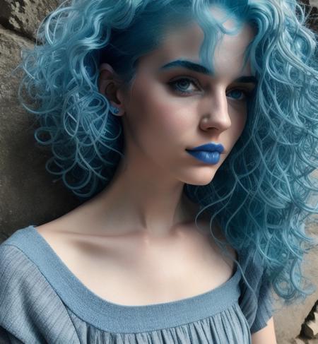 (Cinematic Photo:1.3) of (Ultrarealistic:1.3),(Embarrassing:1.3) woman with curly, skin pale texture pore, (blue hair:1.5) 1girl, (detailed face:1.1), best quality, ultra high res, (photorealistic:1.1), bare shoulders, solo focus, (full body:1.1), looking at viewer, hires, kodak grain, detailed skin, taken on iphone, instagram, (natural light:1.1), hyper realistic skin texture,Highly Detailed,