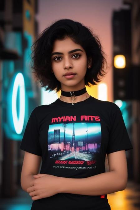 (analog photo:1.1), (an indian punk girl:1.15),  short curly hair, (black t-shirt:1.15), (20 years old, young:1.2), petite, (pubic hair:1.1), choker, cream eyeliner, tamil, cozy bedroom, (neon glow, cyberpunk:1.2), waves, warm colors, (inviting expression:1.05), RAW Photograph, dslr, soft lighting, high quality, film grain, Fujifilm XT3, (nsfw:1.1), insane details, masterpiece, 8k, 35mm photograph, dslr, kodachrome, vignette, vintage, Kodachrome, Lomography, stained, highly detailed, found footage, lift t-shirt and show breasts.