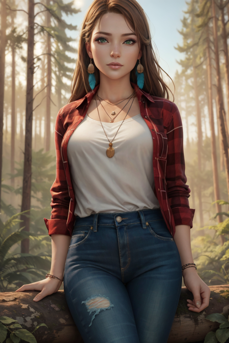 rachelamber red plaid shirt, ripped jeans, blue feather earring, 