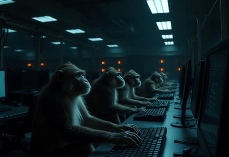 a large darkly lit room in a research facility where dozens of monkeys sit behind  computers programming,dim,loomy,hyperrealistic