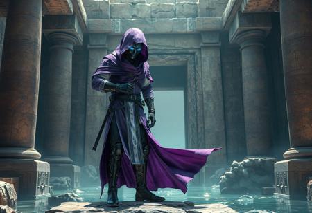 "Create a highly detailed, lifelike depiction of a Deepsea Warrior in a purple and white cloak, reaching into their pocket, standing on an Aqua Gate. The warrior should be modeled after MK ninja, with a sleek blue visor and hooded cowl, inspired by Kose Kanaoka. The setting should be an Egyptian temple ruin with advanced tech. Strive for the golden ratio in your composition. Produce this in 8k resolution with rich lighting, suitable for Artstation and a smooth, sharp focus. The final image should reflect a cinematic, futuristic, and sci-fi style."