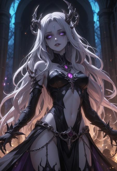 score_9, score_8_up, score_7_up, score_6_up, dynamic, (anime, masterpiece), best quality, (8k), detailed background, sharp focus, intricate, ambient lighting, super high quality, hyper detailed background, cinematic lighting, adult, double tone long hair, medium breasts, verybadimagenegative_v1.3, lich, ancient-crypt keeper, death's mistress, Eternal-night enchantress, cryptic-shadow guardian, deathly-grace figure, soulchain dominator, arcane-frost aura
