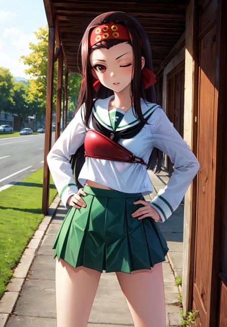 masterpiece, best quality, outdoors,
saemonzaschool, 1girl, solo, looking at viewer, cowboy shot, long hair, headband, brown hair, brown eyes, one eye closed, red headband, hands on hips,
school uniform, ooarai school uniform, serafuku, long sleeves, muneate, neckerchief, blouse, white shirt, pleated skirt, green skirt, skirt lift, panties, cameltoe,
<lora:LoRA_Saemonza:1>