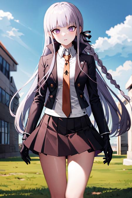 aakyoko, long hair, purple hair, side braid, blunt bangs, hair ribbon, black ribbon, high collar, brown necktie, black jacket, open clothes, long sleeves, black gloves, black skirt, pleated skirt, danganronpa \(series\)