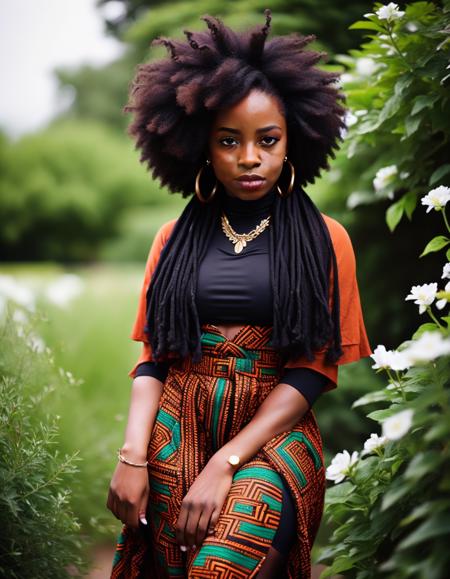 kkw-Afro woman in garden, long clothes, kkw-photo-pos, kkw-ph-1