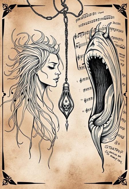 Necronomicon Sketch, on the right side of the image is a mouth, musical notes are in the background of the right side of the image, on the left is a spectral woman, the woman has wild hair and her eyes are closed, the woman is facing towards the mouth, a magic amulet is suspended over the woman's head <lora:Necronomicon-10:0.8>