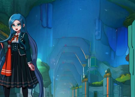 solo  , <lora:goodhands:0.7>, <lora:Tsumugi_Shirogane_emSD15:1>, danganronpa sprite style ,  Tsumugi Shirogane character, Tsumugi Shirogane, Danganronpa The Animation, screencap from the anime Danganronpa The Animation, anime , school uniform, 1girl, solo, white blouse, orange bow, teal-black blazer, silver buttons, teal-blue hair, center parted hair, straight hair, teal-green eyes, round glasses, white glasses  , joyful expression ,  an underground dwarf mining tunnel, DwaRe, <lora:DwarvenRealms-10:1>, Middle Earth, Moria, epiCPhoto