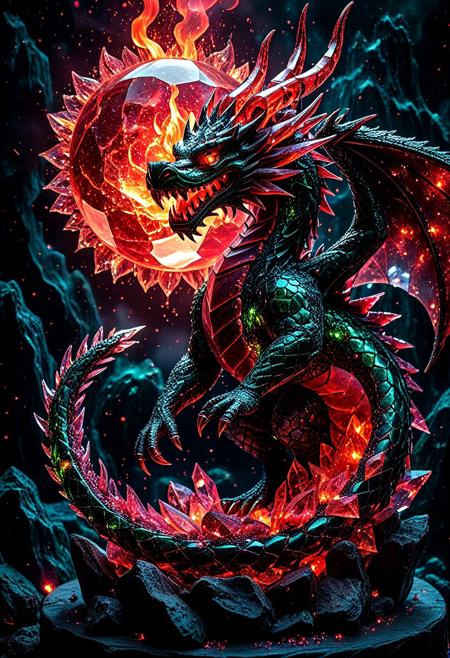 figurine,Chinese elemental dragon, made entirely of crystals in dark red and green.Its crystallized body glows with fire and darkness, with fiery flashes and smoky shadows rising into the dark night sky. The dragon floats gracefully beneath a surreal, dark red sun made of glittering crystals, radiating a mysterious energy. The background features a dreamlike landscape with fragments of translucent, sharp-edged glass, with embers and sparks gently falling like fireflies. Studio Ghibli dark fairytale aesthetic, rich colors, highly detailed, whimsical and magical. ((Pencil_morph_style)),Studio Ghibli Dark Fairytale,rp_slgd
