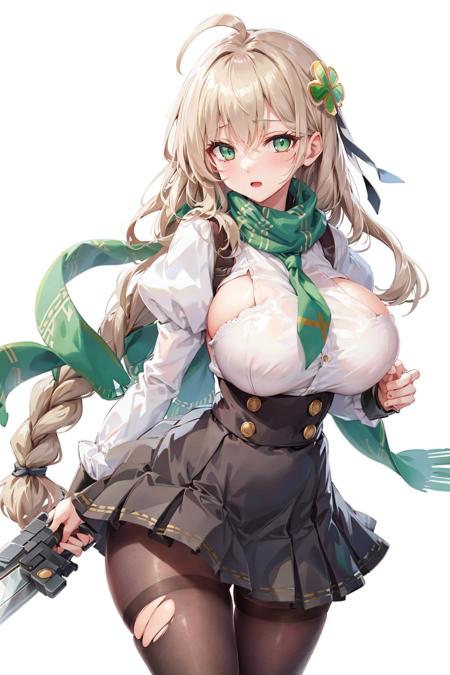 <lora:AliceQT_LoHa_LeaderThree_v1:0.6>,
AlicePQTLeaderThree, four-leaf clover hair ornament, hair ribbon, green eyes, green scarf, green necktie, low-tied long hair, light brown hair, very long hair, AlicePQTLeaderThree bangs, single braid, ahoge, ass visible through thighs, looking at viewer, tareme, 
school uniform, framed breasts, high-waist skirt, pleated skirt, black skirt, white shirt, long sleeves, puffy sleeves, black sleeves, brown pantyhose, torn pantyhose, 
huge breasts, 
AlicePQTLeaderThree chainsaw, holding weapon,