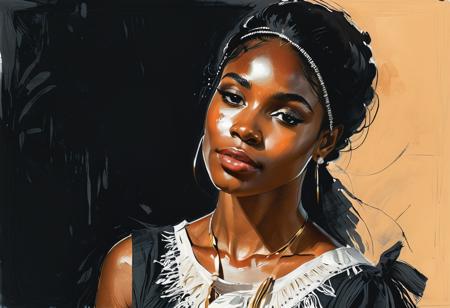 Pencil drawing, line drawing, charcoal and chalk drawing. Sketch.Senegalese Woman in traditional clothes, perfect face, in the style of Harrison Fisher and Brian Froud and Jeremy Mann, vibrant colors, gloss, surreal, thick brush strokes, layered textures, magical, painting in the style of Anders Zorn, Alexi Brilo, Luisa Royo