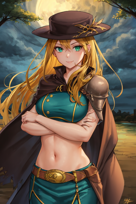 (highly detailed:1.3), 
warriorlady, looking at viewer, smile, large breasts, navel, closed mouth, upper body, sky, midriff, belt, tree, night, crossed arms, moon, night sky, full moon, green shirt, brown headwear, brown cape, 
Ultra-detail,(highres:1.1),best quality,(masterpiece:1.3),specular lighting,
(highly detailed face and eyes:0.6), <lora:warriorlady-12:0.9>