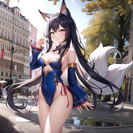 psta background <lora:psta_2-000017:1.0>, dirt, (flooded:0.1), mud,ahri, ahri_\(league_of_legends\), 1girl, absurdres, animal_ears, black_hair, breasts, detached_sleeves, distr, facial_mark, fox_ears, fox_tail, hand_up, highres, large_breasts, league_of_legends, long_hair, long_sleeves, looking_at_viewer, magic, multiple_tails, orange_eyes, parted_lips, solo, standing, standing_on_one_leg, tail