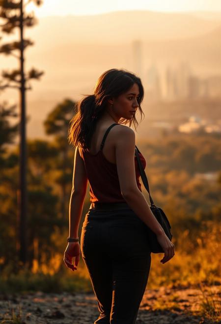 lone roguish female figure, walking away, glancing over shoulder, distant cityscape, transitioning from forest to urban environment, golden light of early morning or late afternoon, cinematic, journey progression, emotional warmth, subtle glance, candid, moment of doubt or hesitation, reflection on the journey, (forest in the background:1.2), city on the horizon, inviting introspection, natural light, dramatic lighting, depth of field, (captured naturally:1.2), (detailed background:1.3), (photorealism:1.4), 8k UHD, (blurry:-1.3), (lowres:-1.5), (ugly:-1.2), (mutated:-1.4), (worst quality:-1.4), (bad anatomy:-1.3), (cartoon:-1.1), (sketch:-1.1), (distorted proportions:-1.3), (extra limbs:-1.5), (cgi:-1.4), (extra characters:-1.5), (savanna:-1.4)