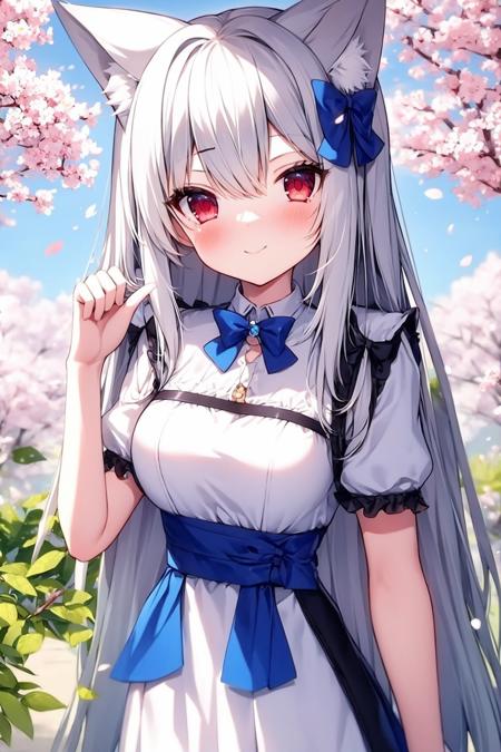 1girl, (blue bow:1.4), animal ears, fox ears, red eyes, long hair, very long hair, solo, bow, hair between eyes, bangs, dress, white legwear, white hair, upper body, leaf, cherry blossoms, flower, medium breasts, light smile, hair ribbon, hair ornament, closed mouth, hand up, white dress