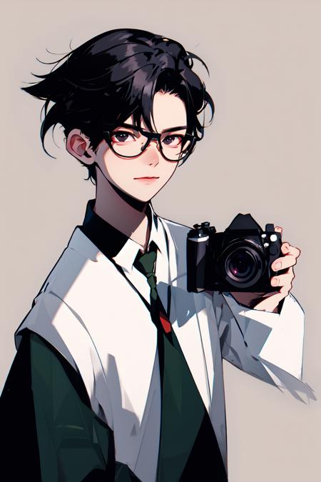 Best quality, masterpiece, minimalism,  1 boy, chibi, school uniform, camera, glasses, school, <lora:Guofeng_minimalism_boy:1>