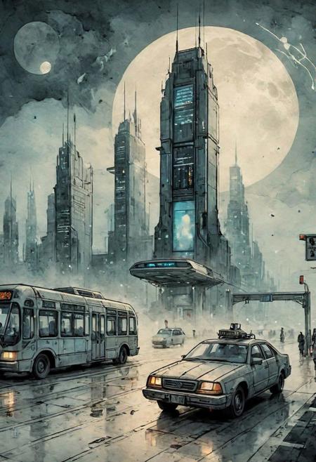 old book style ink illustration, on parchment, ink splashes, ink stains, ink smears, faded ink,  (female enforcer:1.2), (futuristic:1.5), bus station, glass, fog, moon, in the clouds, skyscrapers, futuristic transport, fractals, night, gloomy tones,mentixis, linquivera