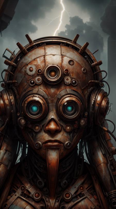 RAW Photo of worldofscrap a fearless leader of collaborative intelligence movement, by miles johnston, portrait, volumetric lightning, ambient light, trending on artstation, award winning, concept art, corroded, broken, junker <lora:WorldofScrap:1><lora:add_detail:0.6> <lora:LowRa:0.2>, (Masterpiece:1.3) (best quality:1.2) (high quality:1.1), dynamic,concept art,complementary colors,12k,natural lighting,32k resolution,particle effects,80mm F1.9 lens,hyper detailed,cinematography
