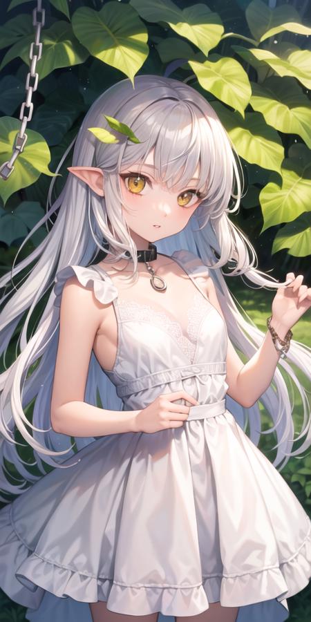 1girl, bare shoulders, breasts, dress, flower, frilled dress, frills, jewelry, lace, long hair, looking at viewer,necklace,see-through, small breasts, solo, standing, white dress, yellow eyes, white hair, parted lips, chain, leaf,  collar,<lora:mina_loha_v1a:0.7>