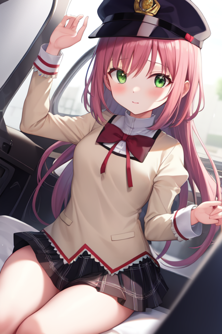 mitakihara school uniform, green eyes, pink hair, police