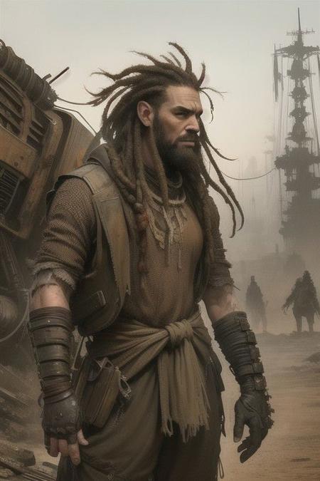 Midjourney aesthetics, 2d artwork, <lora:Scavengers:0.5>, upper body, a man on  watelands,  dreadlocks, dust, post apocalytic aesthetics, rusted heavy machinery on the background,  artistic approach,