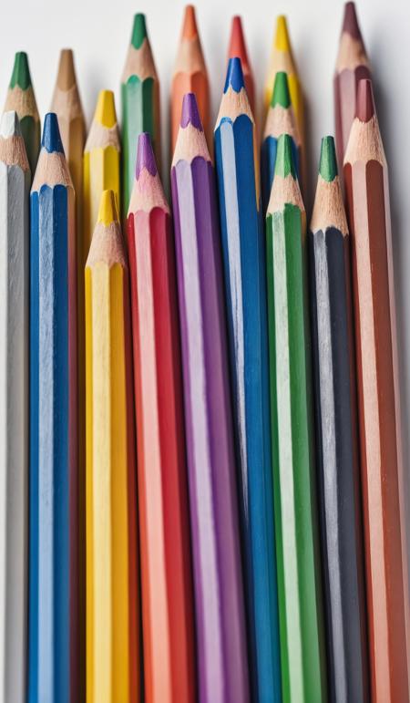 (macro shot:1.6), row of rainbow colored pencils, symmetric row, pointing upwards, on white background, top view, film, cinematic look, focus stacking, dslr, white space on top