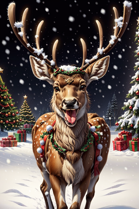 RagingReindeerSplash, solo, open mouth, tongue, tongue out, black eyes, no humans, christmas, snow, snowing, antlers, animal focus, christmas tree, reindeer antlers, deer, reindeer <lora:RagingReindeerSplash:0.8>