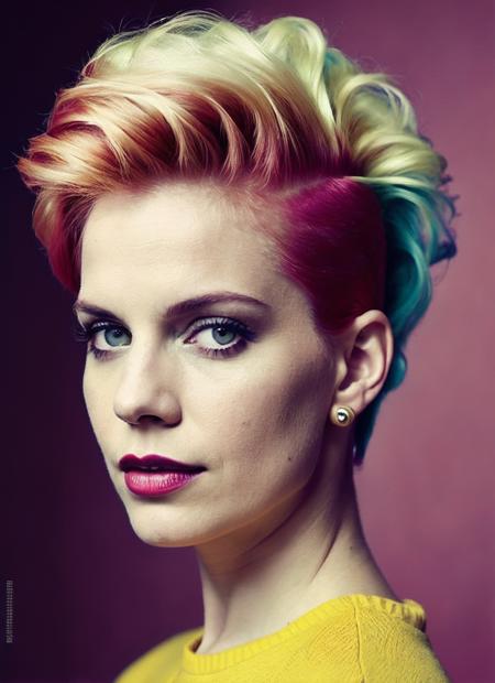 portrait of sks woman by Flora Borsi, style by Flora Borsi, bold, bright colours, rainbow Mohawk haircut, ((Flora Borsi)), <lora:lora_annachlumsky_v1_from_v1_160:1>