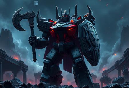 Create a fine, detailed image of a dark grey Decepticon mecha robot with a battleaxe and shield, set against a background inspired by a burial from a different dimension. Incorporate elements of a portcullis, tempest, and aliased retrofuture synthwave aesthetic. The image should have a transparent, fiery battle coloring with dark shadows, corrected faces, and a high level of realism. The style should resemble concept art by Noah Bradley, Darek Zabrocki, Tyler Edlin, Jordan Grimmer, Neil Blevins, James Paick, or Natasha Tan. Ensure the output is highly detailed, ultra-detailed, and ultra-realistic, akin to trending art on Artstation.