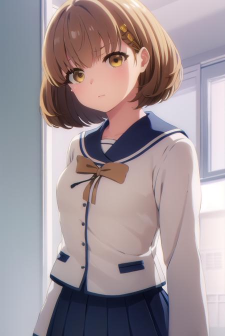 kimiekamata, <lora:kimie kamata s1-lora-nochekaiser:1>,
kimie kamata, short hair, brown hair, hair ornament, (brown eyes:1.5),
BREAK skirt, long sleeves, school uniform, pleated skirt, serafuku,
BREAK indoors, classroom,
BREAK looking at viewer, (cowboy shot:1.5),
BREAK <lyco:GoodHands-beta2:1>, (masterpiece:1.2), best quality, high resolution, unity 8k wallpaper, (illustration:0.8), (beautiful detailed eyes:1.6), extremely detailed face, perfect lighting, extremely detailed CG, (perfect hands, perfect anatomy),