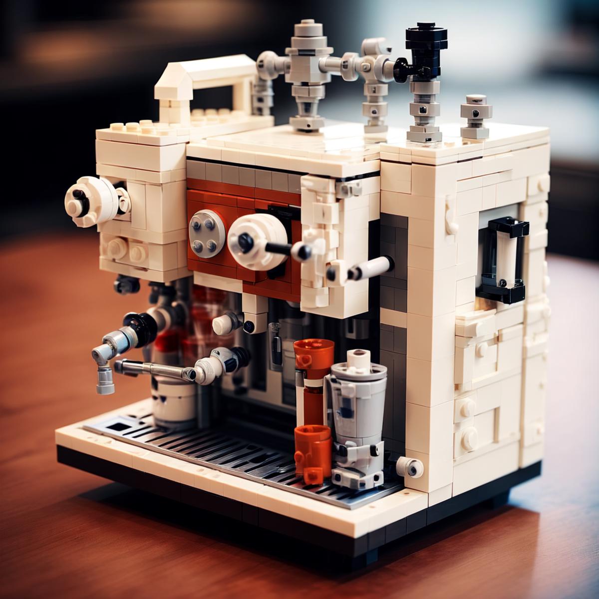 A Lego Machine with a Coffee Maker Design on a Brown Table