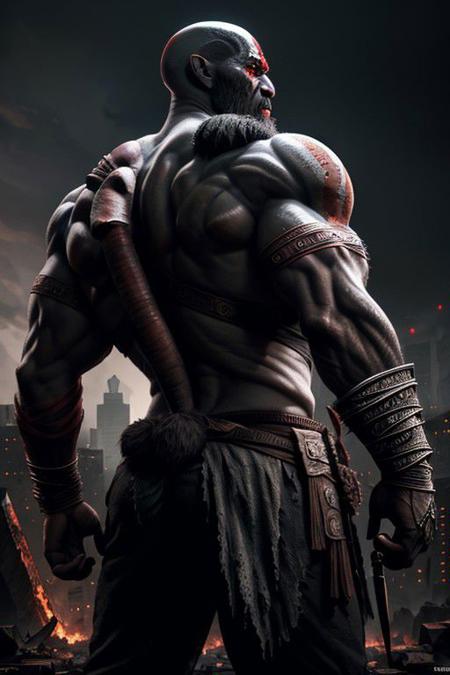 god of war,looking back at viewer,upper body,standing,bagging a black Evil Ghost Face teddy bear,against the backdrop of the (ruined city:1.1) unreal engine style of Artgerm finely detail,ultra-detailed,highres,