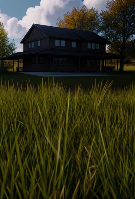 <lora:b4d1k-000010:1>, b4d1k, house, grass, field, clouds, sky, modern house, glass