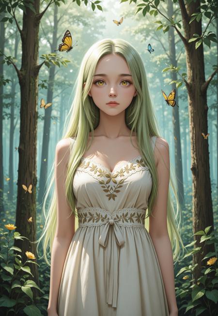 A Slavic Forest Maiden with waist-length green hair. Smooth light skin with slight golden sheen. Large almond-shaped eyes the color of young foliage. Thin arched eyebrows. Small straight nose with slight hump. Full lips the color of forest berries. Wears a simple dress of light green linen, embroidered with leaves and flowers. Stands in sunny forest among birches. Butterflies fly around.
(Slavic Forest Maiden, linen dress)
((half body view)), (((cowboy_shot)))
