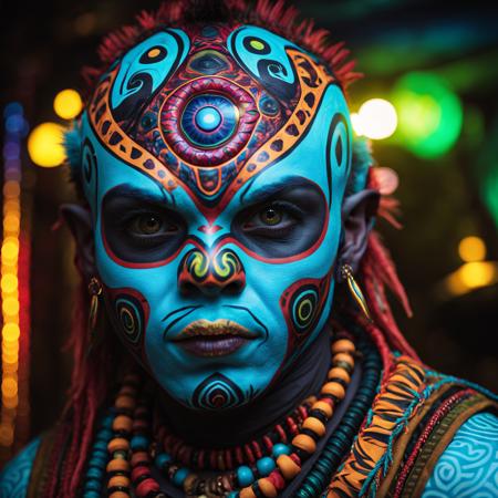 cinematic portrait of a crazy alien creature, tribal, facial paint  psychedelic kaleidoscope   cinematic lighting, imax, dslr