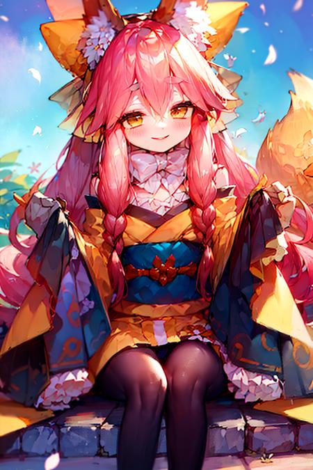 yu zao qian,1girl,animal ears,solo,fox ears,japanese clothes,animal ear fluff,looking at viewer,sash,kimono,smile,blush,hair between eyes,wide sleeves,obi,sleeves past wrists,blue sky,on ground,flowering cherry,<lora:yu zao qian_çè»è¾èäº:1>,blue sky,on ground,flowering cherry,, (masterpiece), (best quality), HDR, intricate detail,