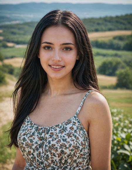 woman smiling, with long black hair, amber eyes, wearing sundress, landscape, Nikon Z5, 8k, hdr, vignette, intricate, elegant, highly detailed, sharp focus, color light, elaborate, epic composition, colorful, sublime, dramatic, cinematic, amazing, symmetry, great, ambient, thought, rich deep colors, beautiful, perfect