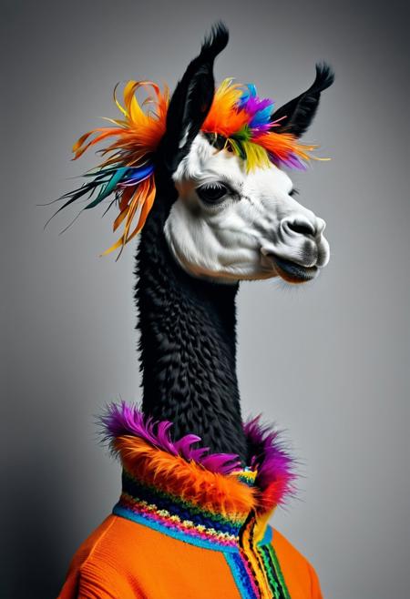 A captivating black and white fashion photograph presents a distinctive half-bust profile of a male humanoid llama. His fur is artfully adorned with long strips of vivid, multicolored paper, creating an artistic and whimsical aesthetic. His eyes are closed, and he dons a comfortable orange turtleneck sweater. The wind delicately lifts the ribbons covering his face, incorporating an element of movement and dynamism into the image. The combination of fashion photography and surrealism creates an atmosphere that defies conventional norms, commanding the viewer's attention.