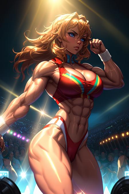 cleavage, bodybuilder, <lora:Amazon-V3:1>, 1girl, rave festival, night, light rays, edc, rave, highres, lens flare, led, masterpiece, cinematic lighting, perfect skin, long vivid colorful hair, toned, cameltoe, breast focus, legs focus