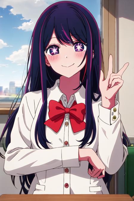 best quality, masterpiece, highres, solo, {hoshino_ai_oshinoko:1.15}, long_hair, purple_eyes, purple_hair, bangs, smile, symbol-shaped_pupils, multicolored_hair, star-shaped_pupils, 1girl, bow, collared_shirt, school_uniform, shirt, white_shirt, bowtie, green_jacket, jacket, red_bow, red_bowtie, blazer, closed_mouth, long_sleeves, streaked_hair, blush, indoors, +_+, star_\(symbol\), upper_body, hand_up, looking_at_viewer, virtual_youtuber, window