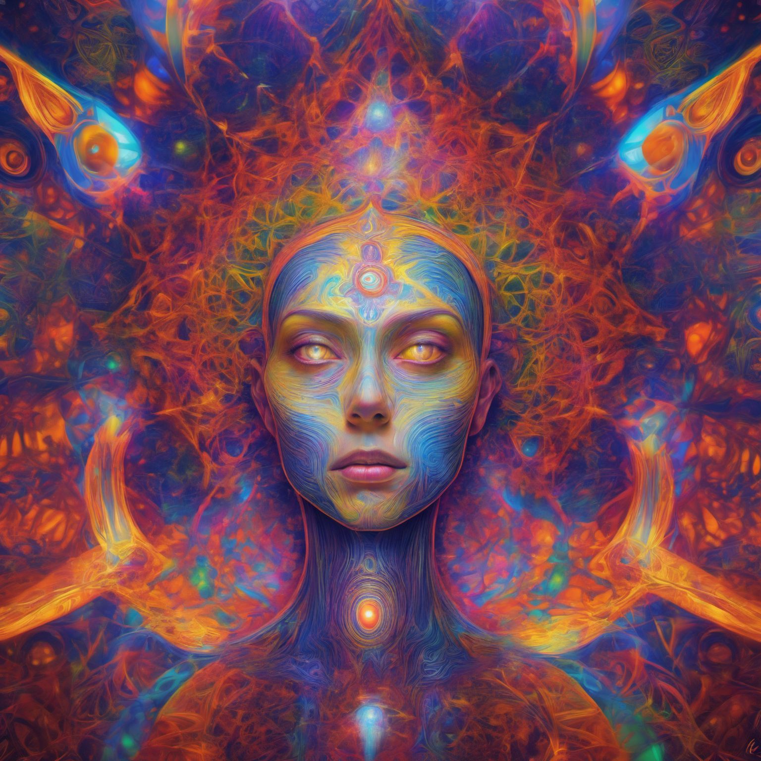 she is psylocybin multi dimension entity in psychedelic quantum space, fractal ornaments, colorful, high contrast, 8k, sacred geometry, complementary colors by Alex Grey and Greg Rutkowski