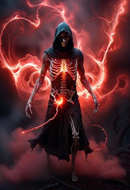 score_9, score_8_up, score_7_up, score_6_up, score_5_up, score_4_up, (absurdres, best quality, masterpiece:1.4), illustration, photorealistic, cinematic lighting, dynamic angle, perfect composition, hooded figure, swirling red mist, ethereal glow, dark powers, skeletal remains, unnatural vitality, glowing veins, forbidden knowledge, chilling atmosphere, otherworldly