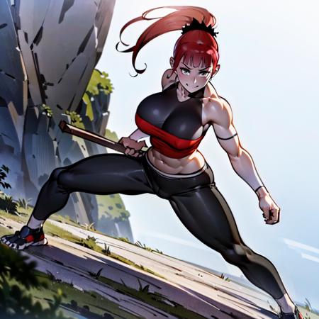 ((full body, a woman in fighting pose an a huge rock)), smiling, beautiful eyes, beautiful girl, high detail skin, high detail eyes, high detail hair, highres, ultra detailed, detailed pores, imperfect skin, detailed reflective shiny skin, diffused skin pores,sharpen picture, Highly detailed, masterpiece, best quality, <lora:SeorinLoRA:1> seorin with ponytail wearing red grey top and pants, stick in her hand