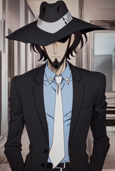 <lora:Jigen1-000003:0.8>, 1boy, Jigen Daisuke, beard, hat, black hair, white necktie, blue shirt, black jacket, fedora, upper body, (hidden eyes:1.2)