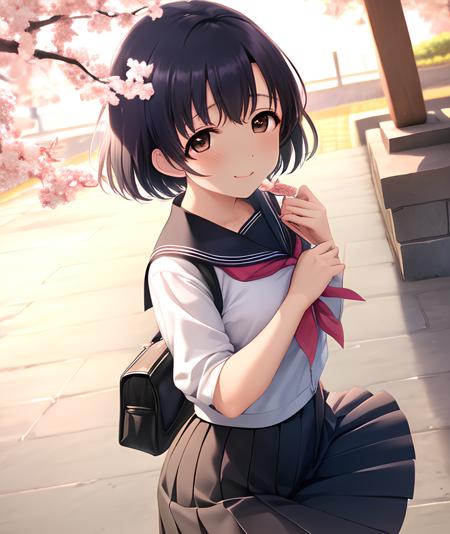 4k,ultra-detailed eyes, ultra-detailed, extremely detailed CG, masterpiece, best quality,extremely detailed CG, (post processing:1.4), (extremety fine and beautiful:1.4),shiragiku hotaru,  background, standing, tree, anime girl, cute girl, (full body), 1girl, bangs, black hair, blush, brown_eyes, looking at viewer, ribbon, short hair, solo, smile, cherry blossoms, spring, sakura, outdoors, serafuku, skirt, pleated skirt, breasts, medium breasts, wind, sakura petals,
detailed(hair, beautiful finely eyes, skin, cloth texture),CGI art, <lora:shiragiku hotaru2-000004:1>