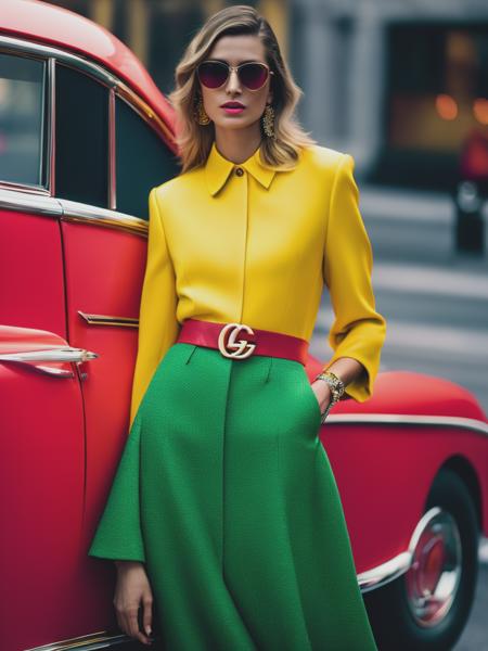 <lyco:NadavKander:1.0> fashion woman wearing a Gucci dress, Peter Lindbergh style, bright colours, fujifilm fujicolor, day shot, cinematic lighting, 35mm lens, f/1.8